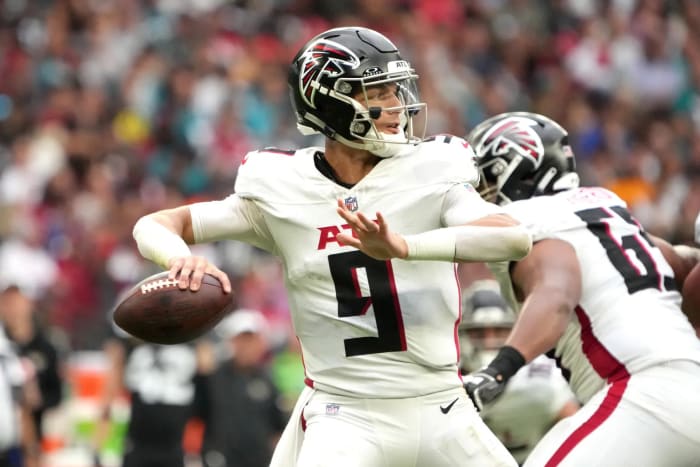 Atlanta Falcons quarterback Desmond Ridder attempting a pass against the Jacksonville Jaguars.